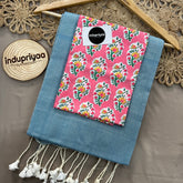 Sky Handloom Khadi Cotton Saree With Pink Flower Print Blouse